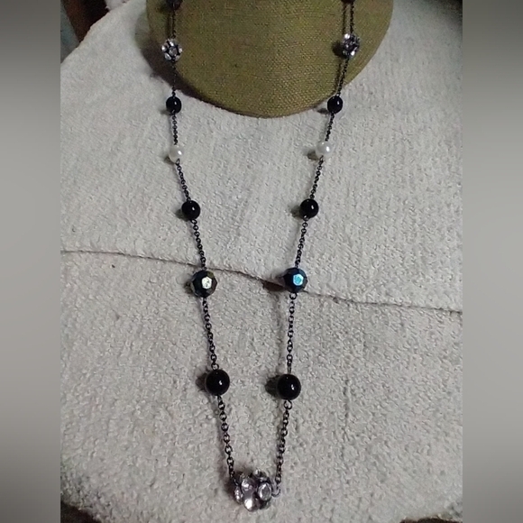 Black chain beads Aurora borealis rhinestone faux pearl necklace - Picture 1 of 4